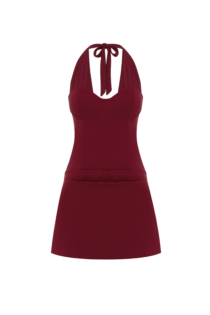 SABRINE HALTER CORSET MINI DRESS - CHERRY