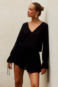 SAMANTHA RUFFLE V-NECK MINI DRESS - BLACK