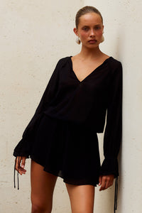 SAMANTHA RUFFLE V-NECK MINI DRESS - BLACK