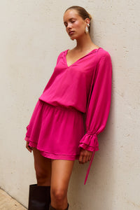 SAMANTHA RUFFLE V-NECK MINI DRESS - PINK