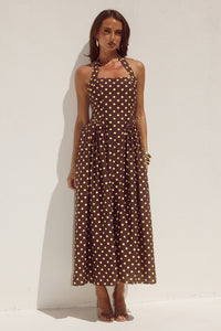 SAMMI HALTER MIDI DRESS - CHOC/LEMON POLKA