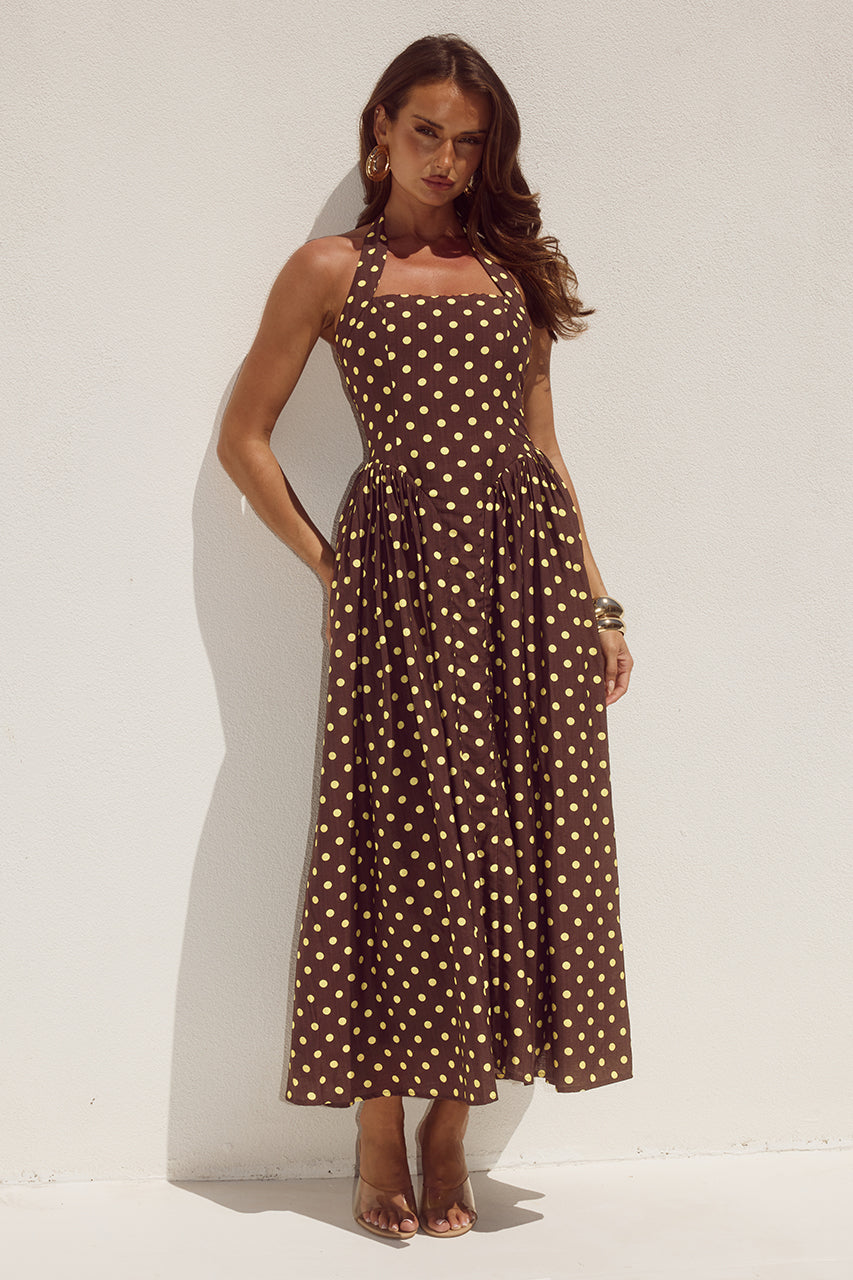 SAMMI HALTER MIDI DRESS - CHOC/LEMON POLKA