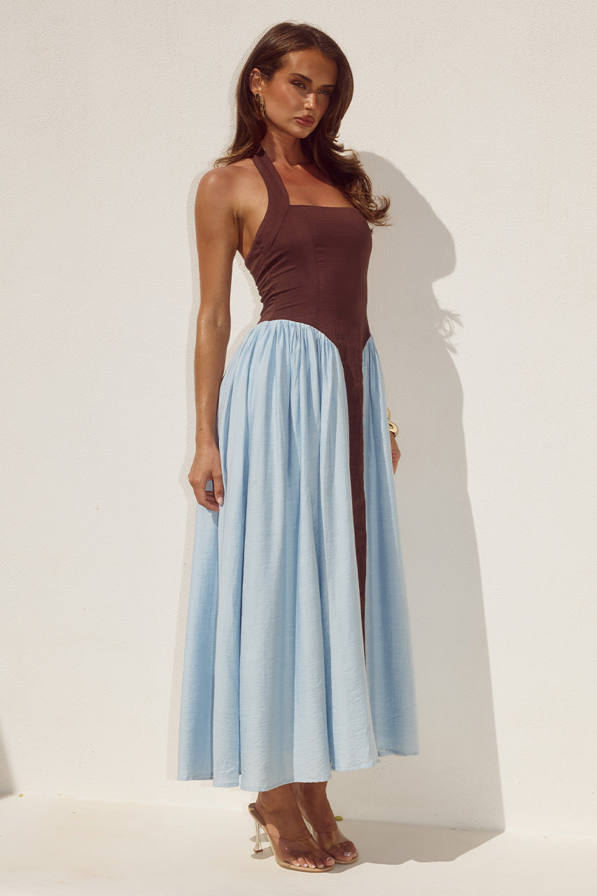 SAMMI HALTER MIDI DRESS - CHOCOLATE/SKY BLUE