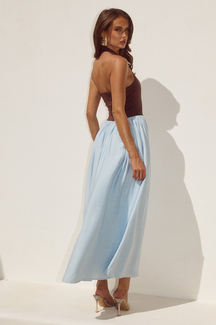 SAMMI HALTER MIDI DRESS - CHOCOLATE/SKY BLUE