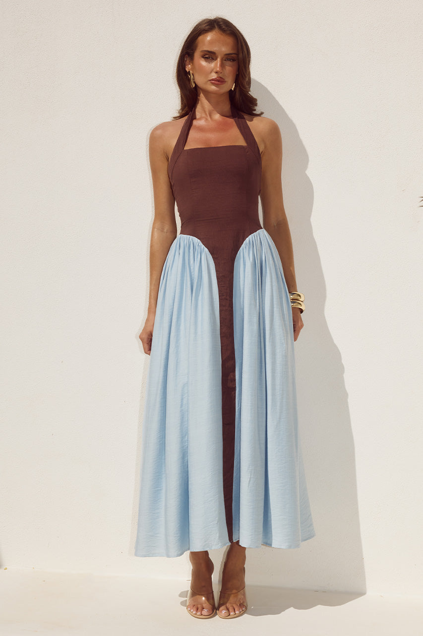 SAMMI HALTER MIDI DRESS - CHOCOLATE/SKY BLUE