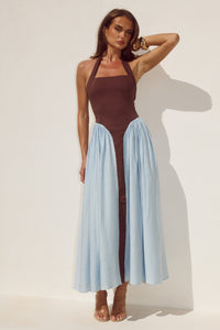 SAMMI HALTER MIDI DRESS - CHOCOLATE/SKY BLUE