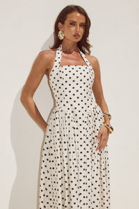 SAMMI HALTER MIDI DRESS - CREAM/BLACK POLKA