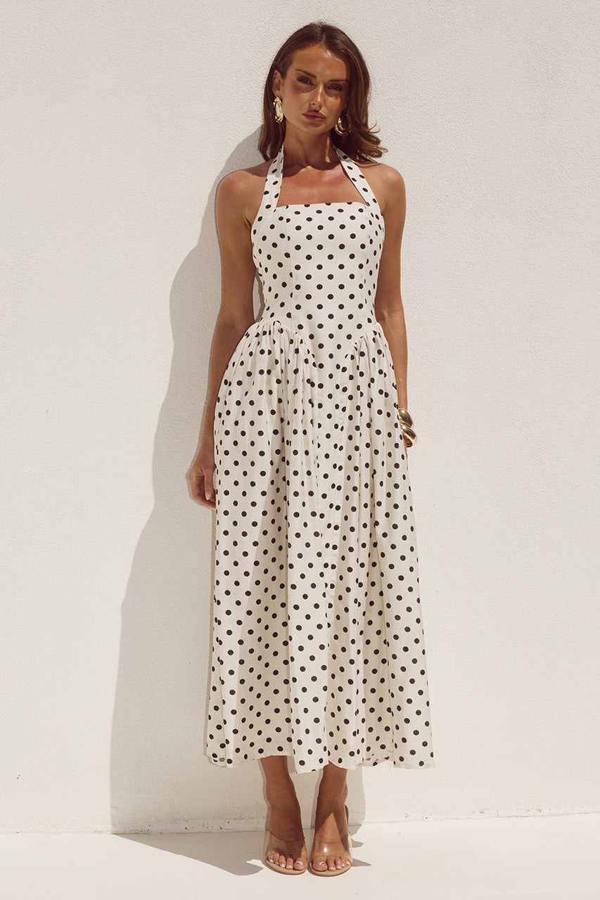 SAMMI HALTER MIDI DRESS - CREAM/BLACK POLKA