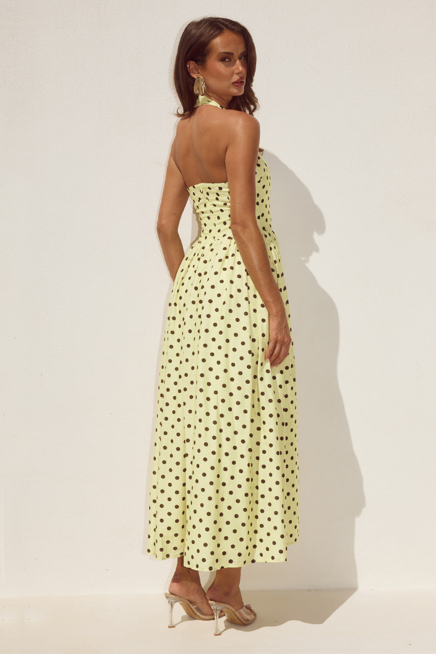 SAMMI HALTER MIDI DRESS - LEMON/CHOC POLKA