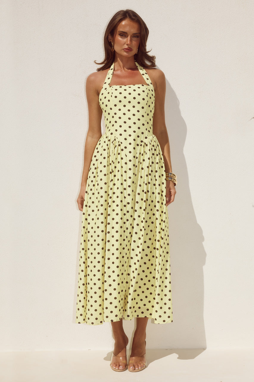 SAMMI HALTER MIDI DRESS - LEMON/CHOC POLKA