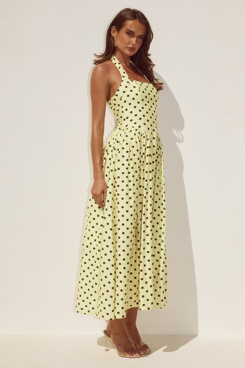 SAMMI HALTER MIDI DRESS - LEMON/CHOC POLKA