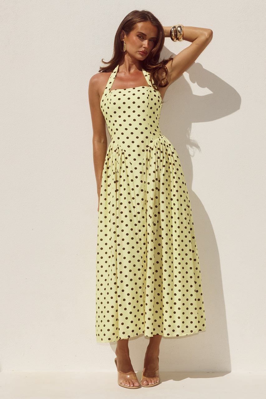 SAMMI HALTER MIDI DRESS - LEMON/CHOC POLKA