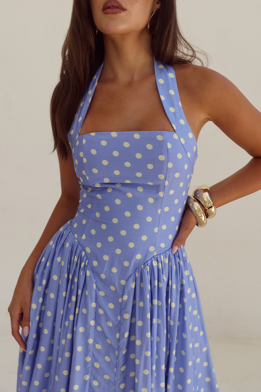 SAMMI HALTER MIDI DRESS - PERIWINKLE/LEMON POLKA