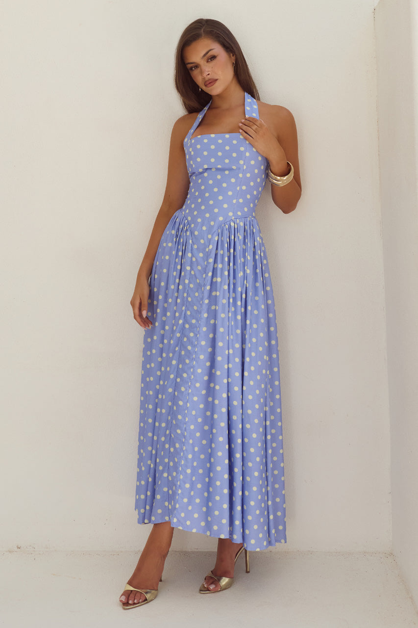 SAMMI HALTER MIDI DRESS - PERIWINKLE/LEMON POLKA