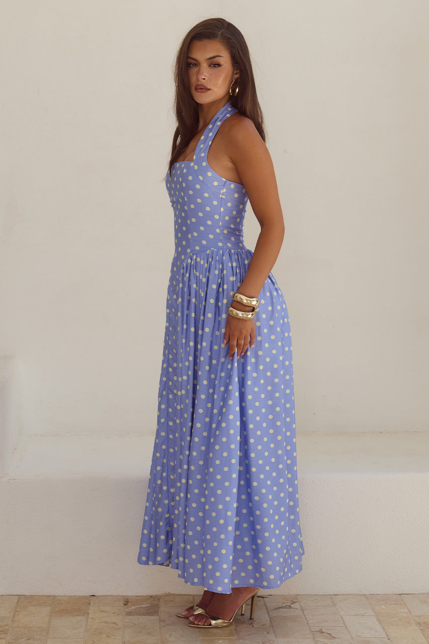 SAMMI HALTER MIDI DRESS - PERIWINKLE/LEMON POLKA