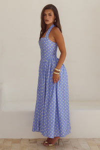 SAMMI HALTER MIDI DRESS - PERIWINKLE/LEMON POLKA
