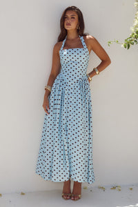SAMMI HALTER MIDI DRESS - SKY BLUE/CHOC POLKA
