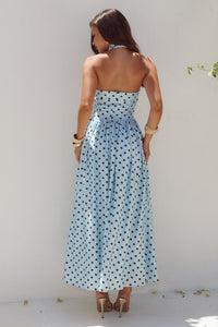 SAMMI HALTER MIDI DRESS - SKY BLUE/CHOC POLKA