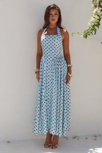 SAMMI HALTER MIDI DRESS - SKY BLUE/CHOC POLKA