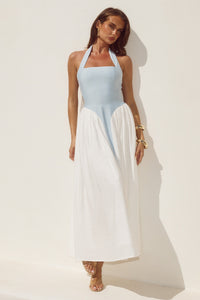 SAMMI HALTER MIDI DRESS - SKY BLUE/WHITE