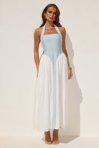SAMMI HALTER MIDI DRESS - SKY BLUE/WHITE