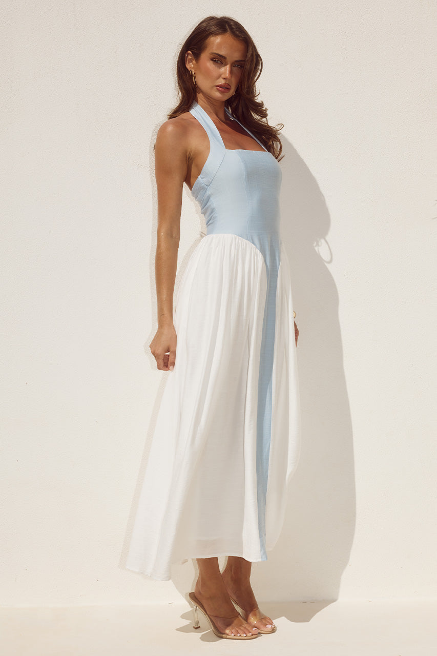SAMMI HALTER MIDI DRESS - SKY BLUE/WHITE