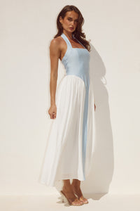 SAMMI HALTER MIDI DRESS - SKY BLUE/WHITE