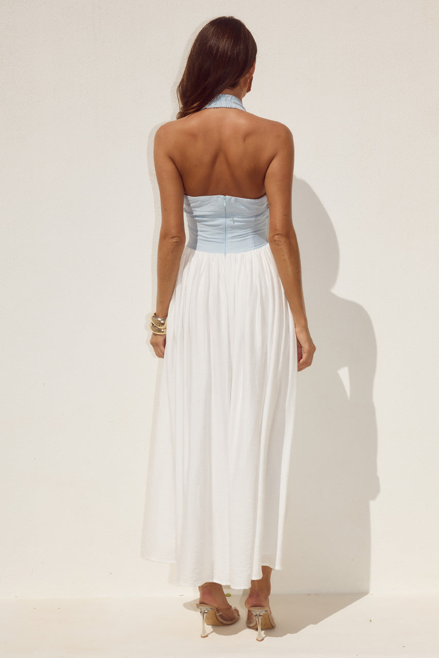 SAMMI HALTER MIDI DRESS - SKY BLUE/WHITE