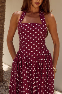 SAMMI HALTER MIDI DRESS - WINE/WHITE POLKA