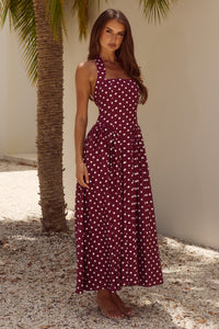 SAMMI HALTER MIDI DRESS - WINE/WHITE POLKA