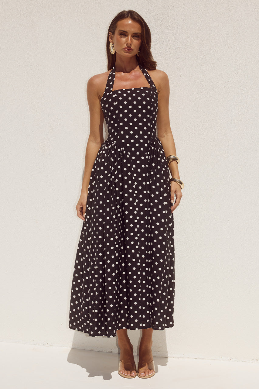 SAMMI HALTER MIDI DRESS - BLACK/WHITE POLKA