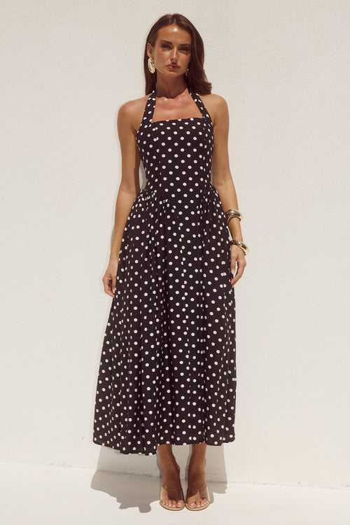 SAMMI HALTER MIDI DRESS - BLACK/WHITE POLKA