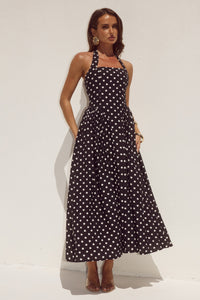SAMMI HALTER MIDI DRESS - BLACK/WHITE POLKA