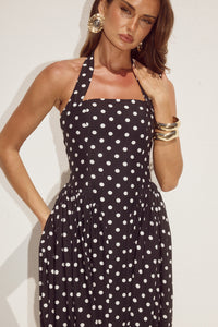 SAMMI HALTER MIDI DRESS - BLACK/WHITE POLKA