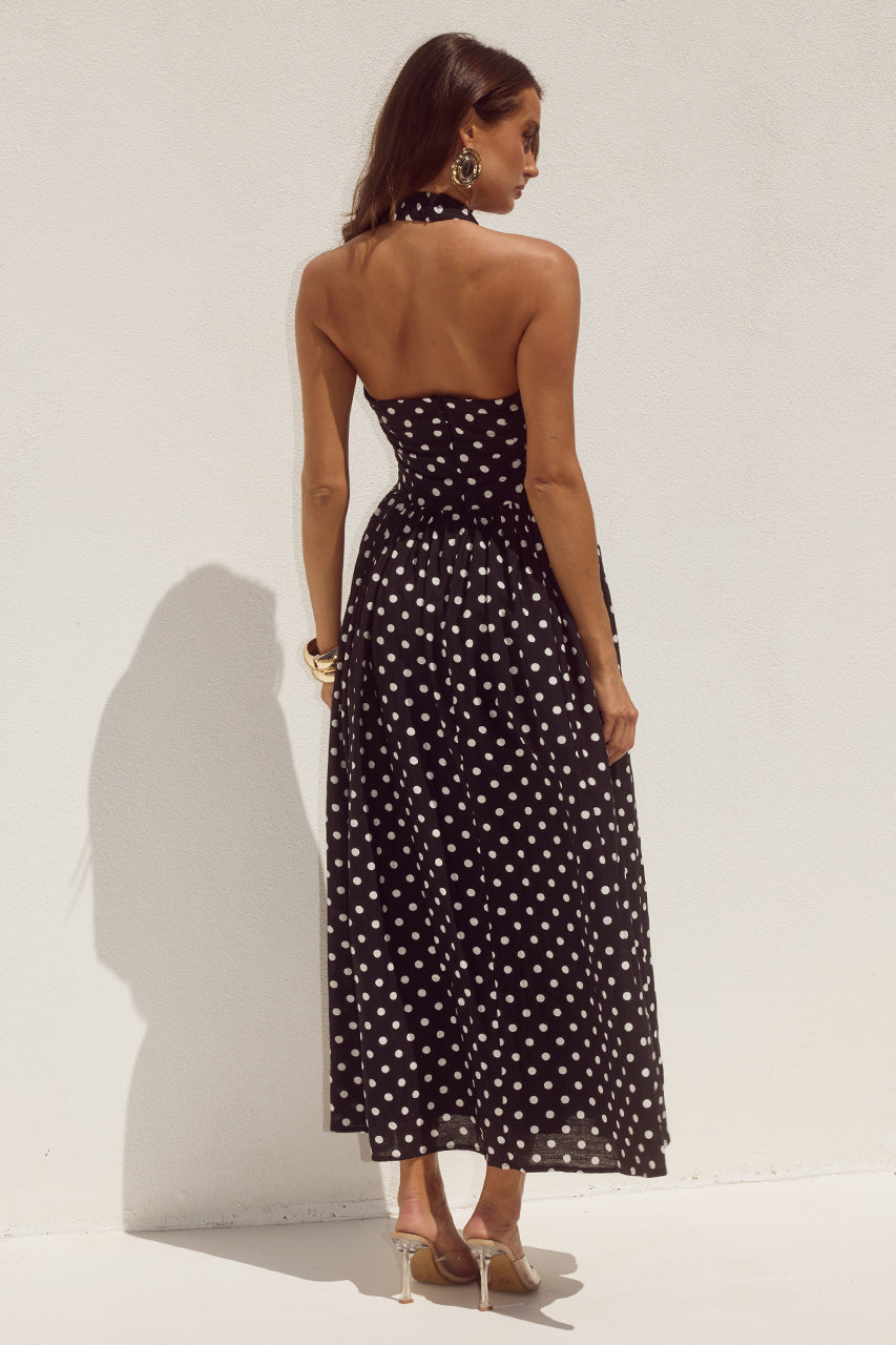 SAMMI HALTER MIDI DRESS - BLACK/WHITE POLKA