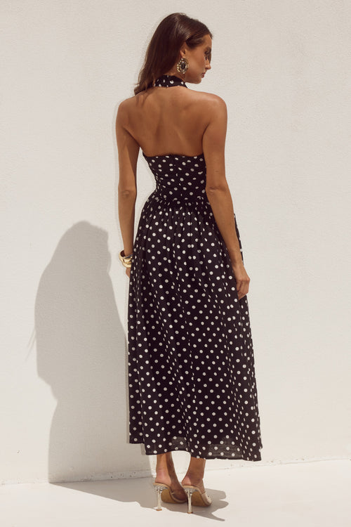 SAMMI HALTER MIDI DRESS - BLACK/WHITE POLKA