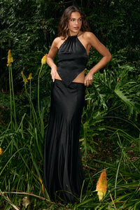 RODIE LOW WAISTED GODET MAXI SKIRT - BLACK