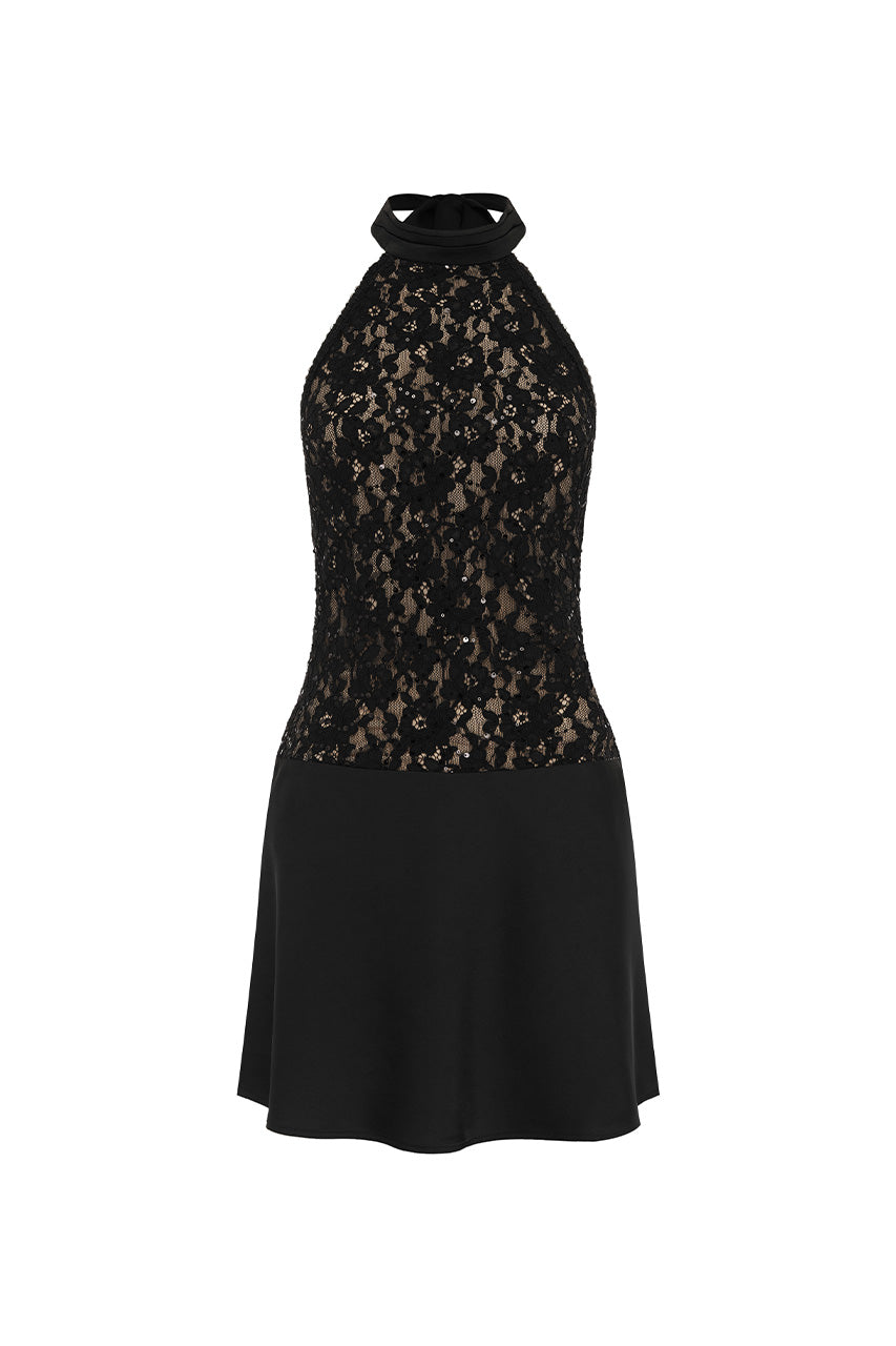 SENNA HALTER OPEN BACK MINI DRESS - BLACK