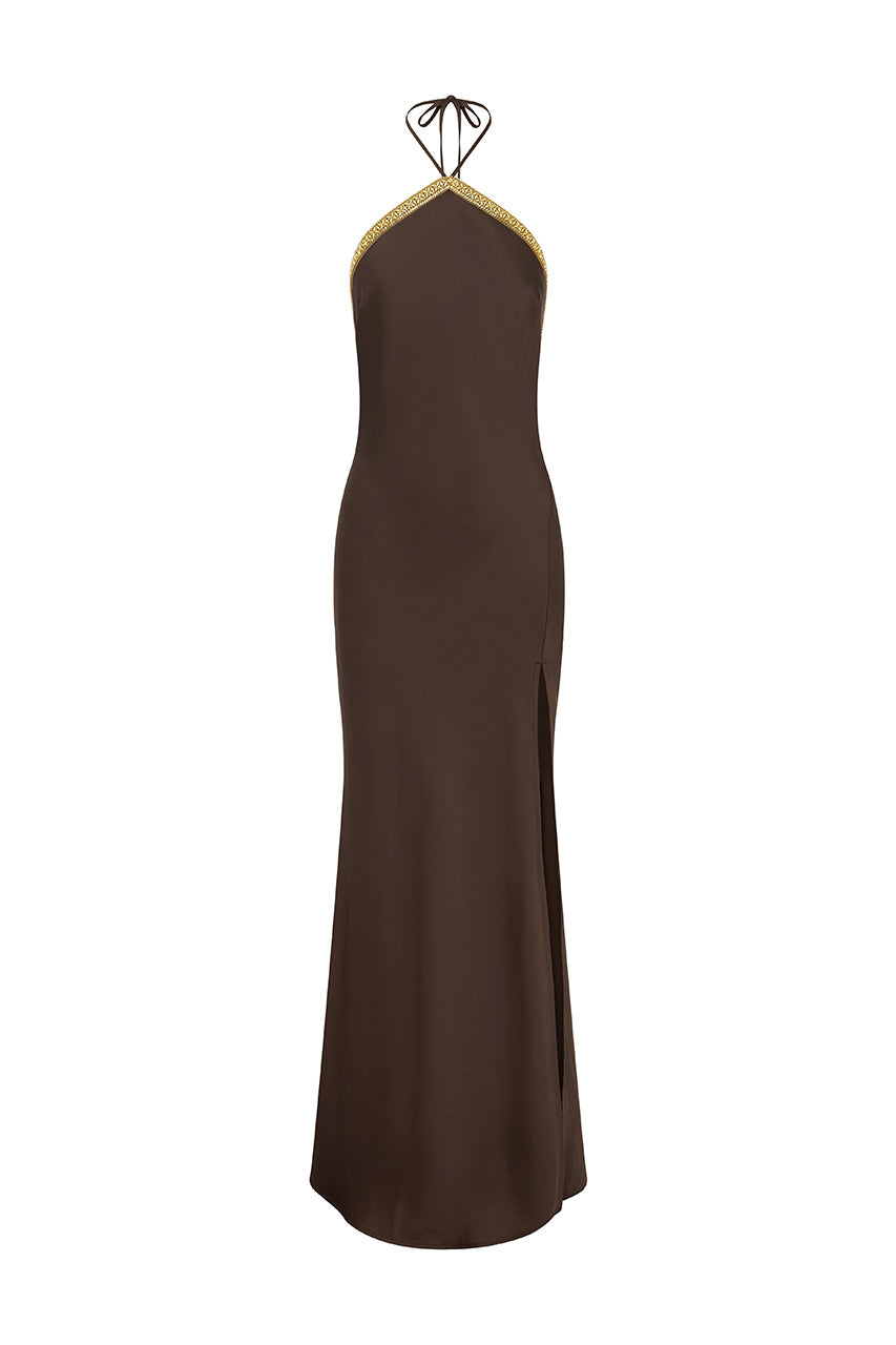 SHAE HALTER MAXI DRESS - BITTER CHOCOLATE