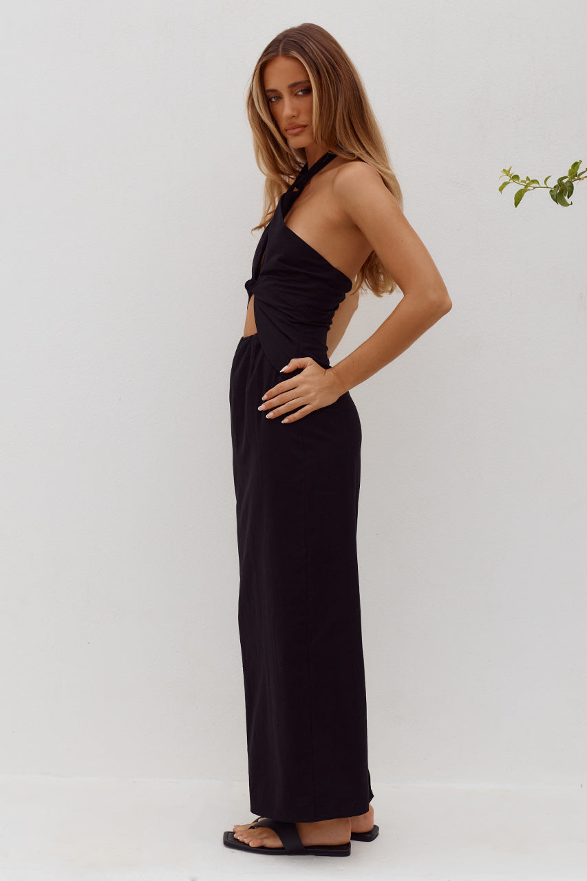 SHELLIE KEYHOLE HALTER MIDI DRESS - BLACK