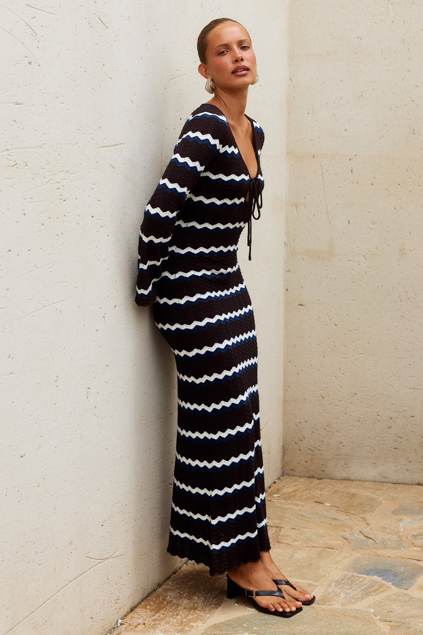SOFIA LONG SLEEVE KNIT MAXI DRESS - CHOCOLATE/BLUE/WHITE