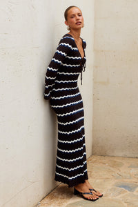 SOFIA LONG SLEEVE KNIT MAXI DRESS - CHOCOLATE/BLUE/WHITE