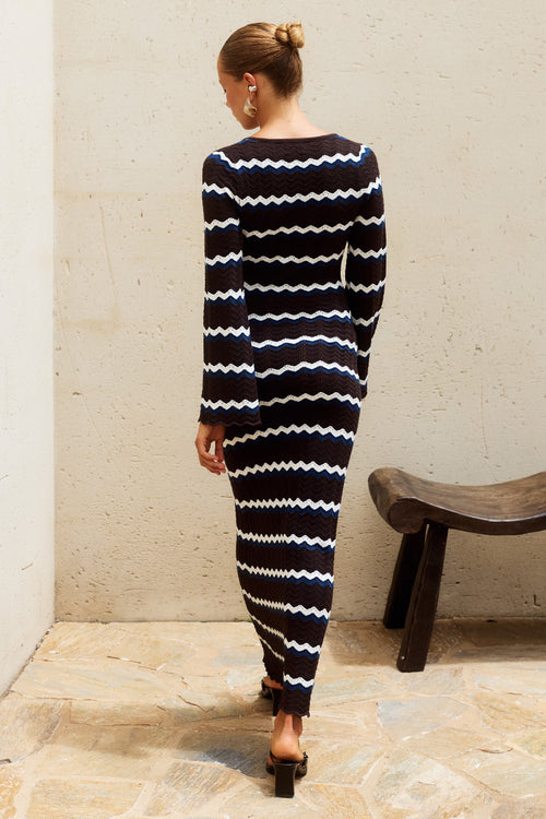 SOFIA LONG SLEEVE KNIT MAXI DRESS - CHOCOLATE/BLUE/WHITE