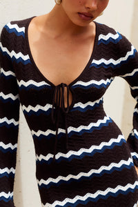 SOFIA LONG SLEEVE KNIT MAXI DRESS - CHOCOLATE/BLUE/WHITE