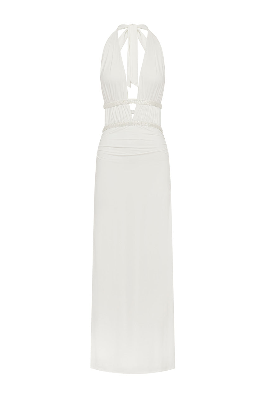 SONEVA HALTER LOW PLUNGE MAXI DRESS - WHITE