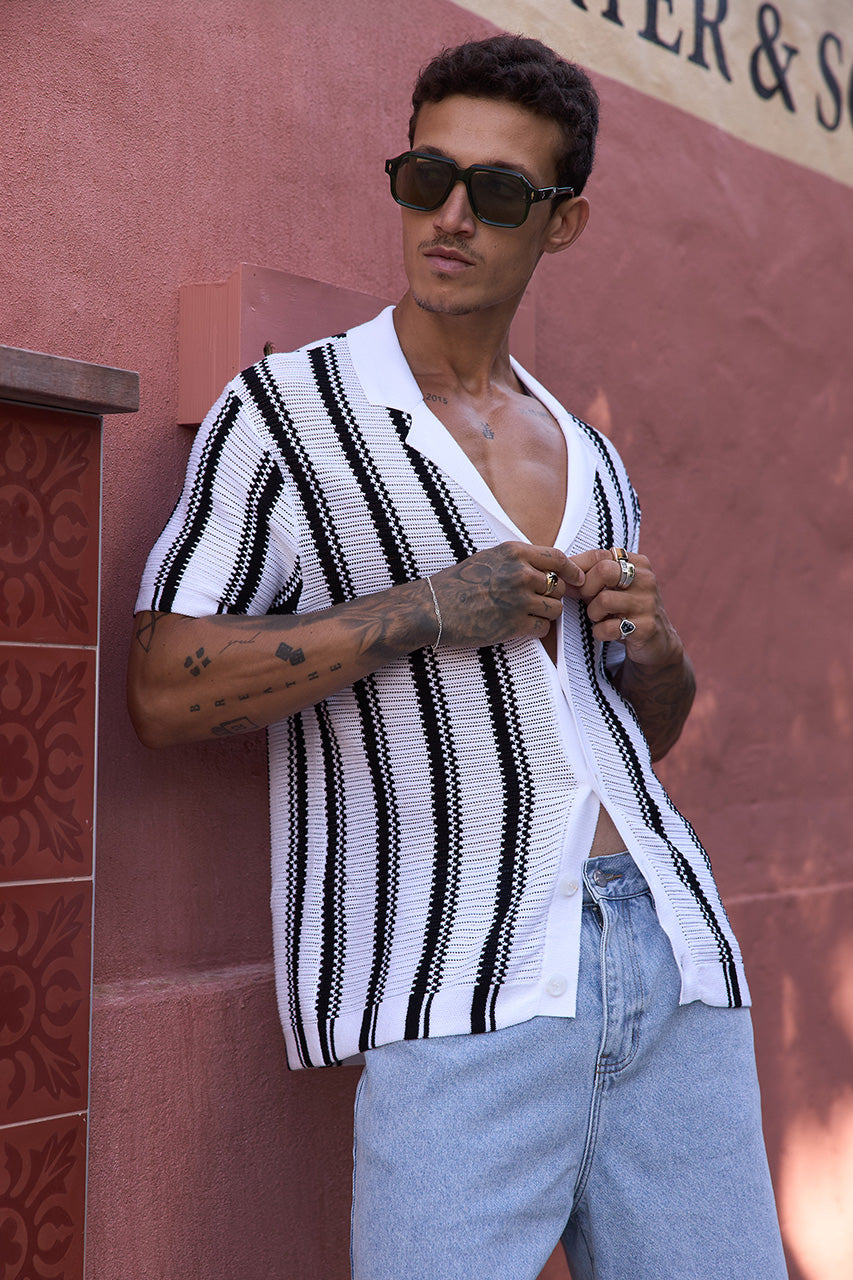 SOPER SHORT SLEEVE KNIT TOP - WHITE/BLACK