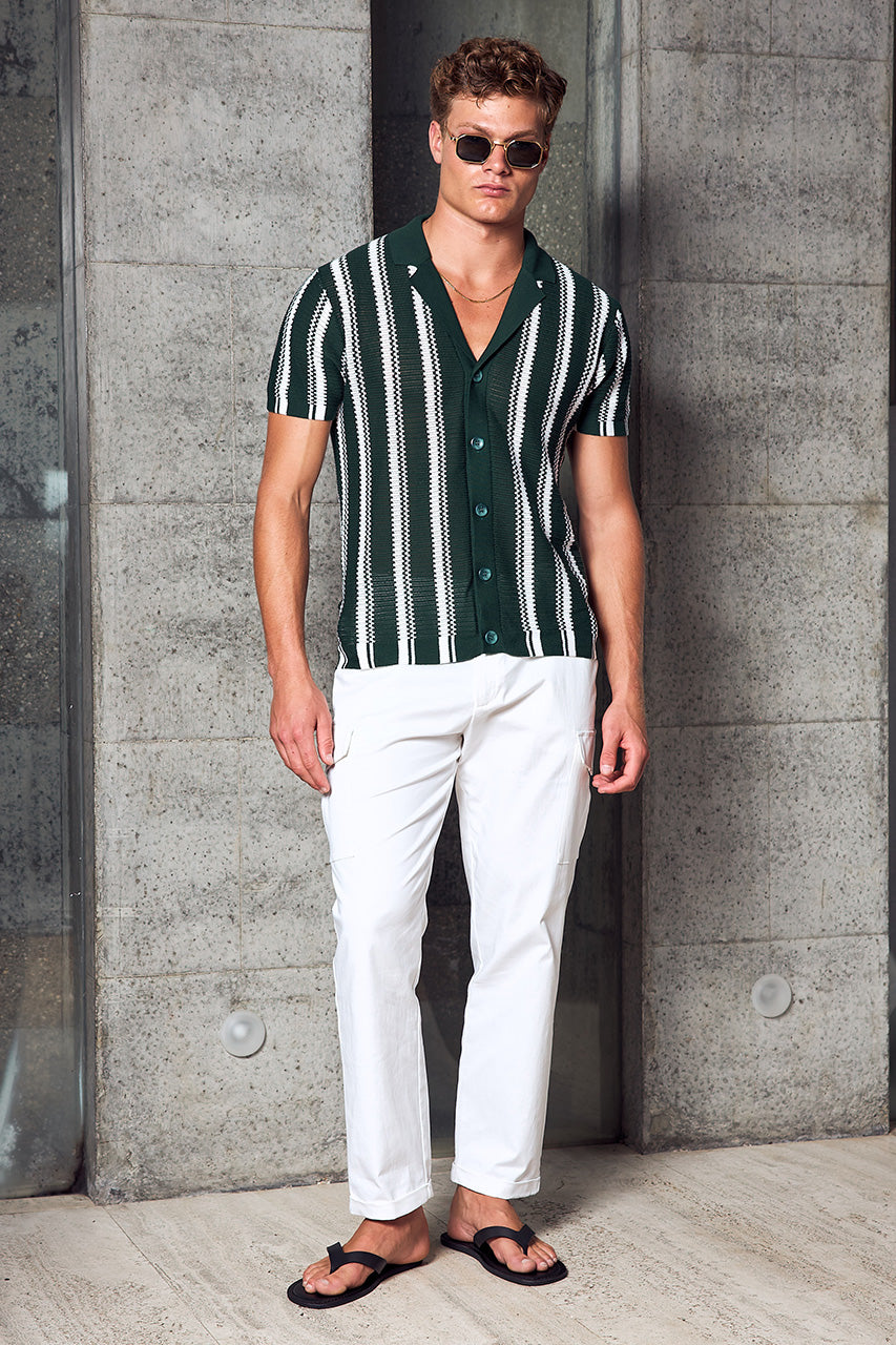 SOPER SHORT SLEEVE KNIT TOP - FOREST GREEN/WHITE