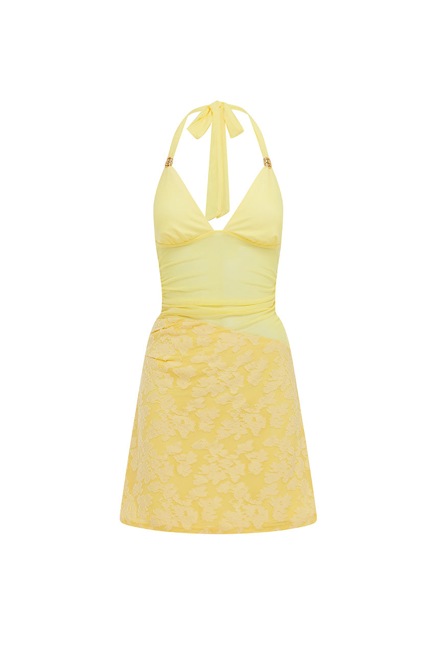 SUNI HALTER CUTOUT MINI DRESS - LEMON