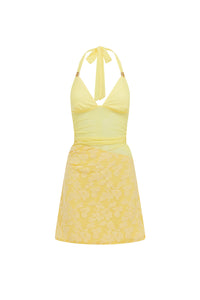 SUNI HALTER CUTOUT MINI DRESS - LEMON