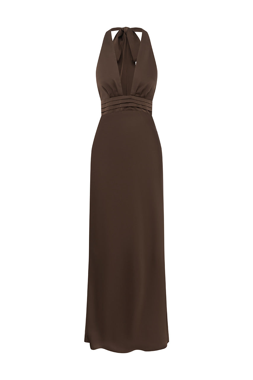SYLVIE PLUNGE V-NECK MAXI DRESS - BITTER CHOCOLATE